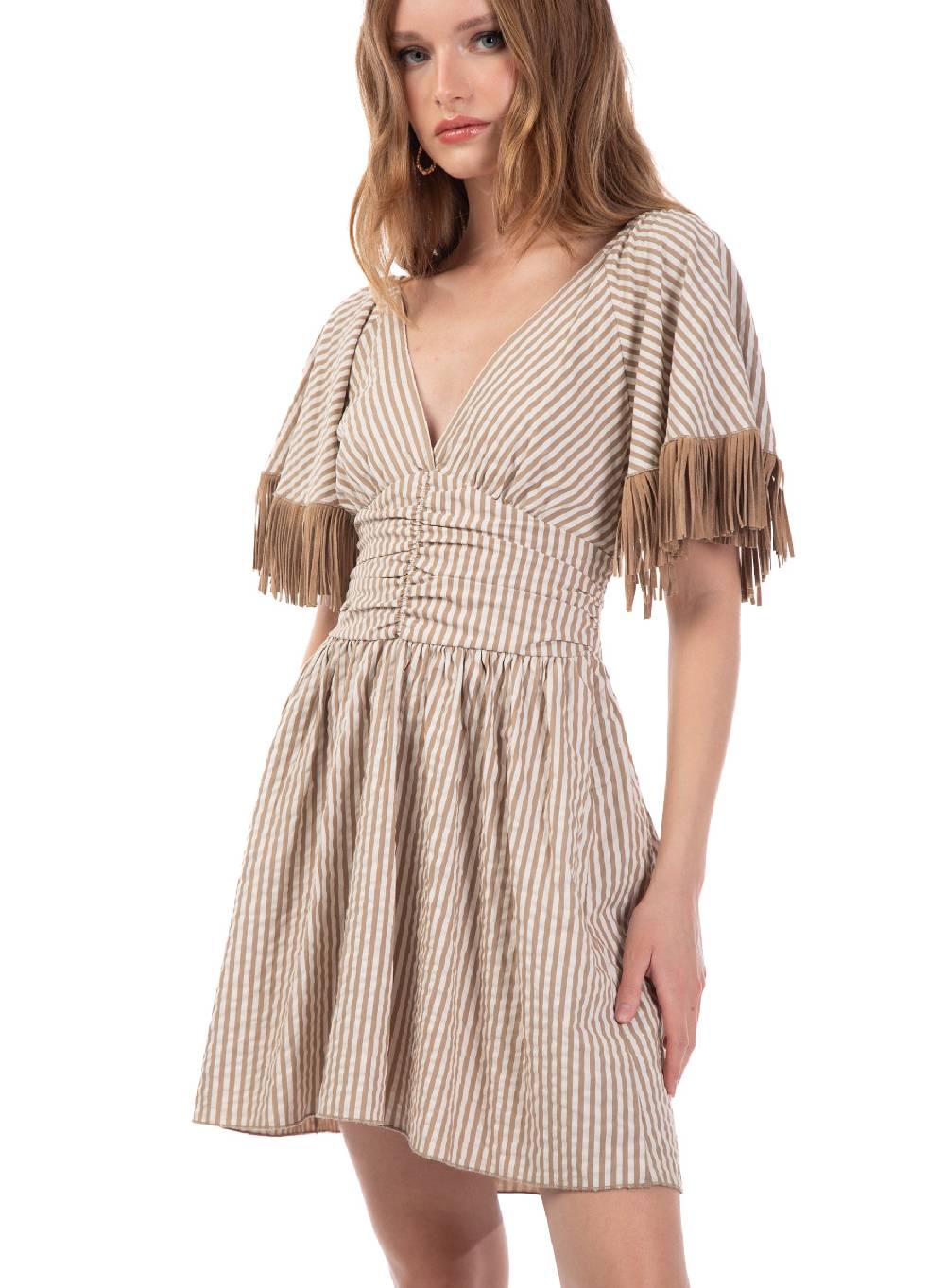 Le Volière Vestito bacchettato beige con frange Offerte