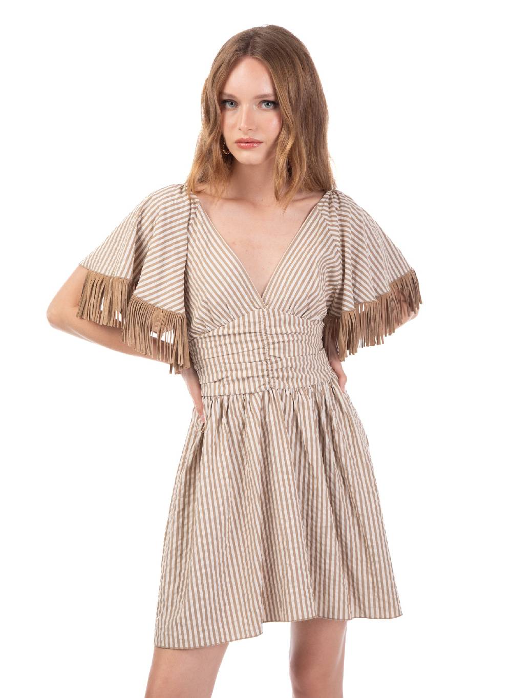Le Volière Vestito bacchettato beige con frange Offerte