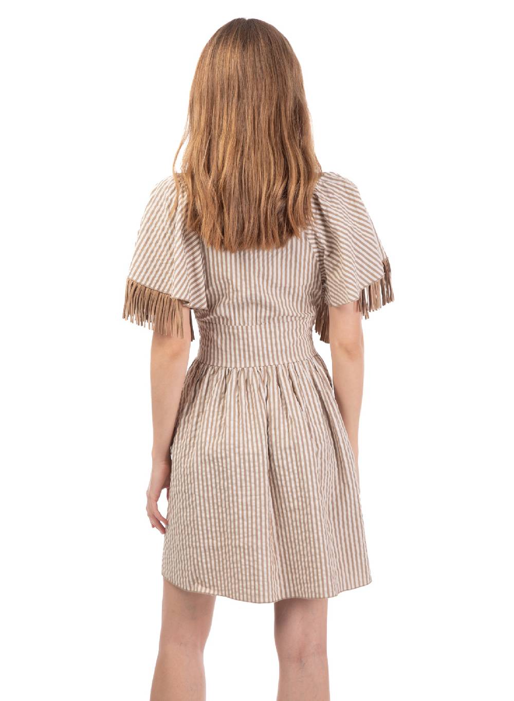 Le Volière Vestito bacchettato beige con frange Offerte