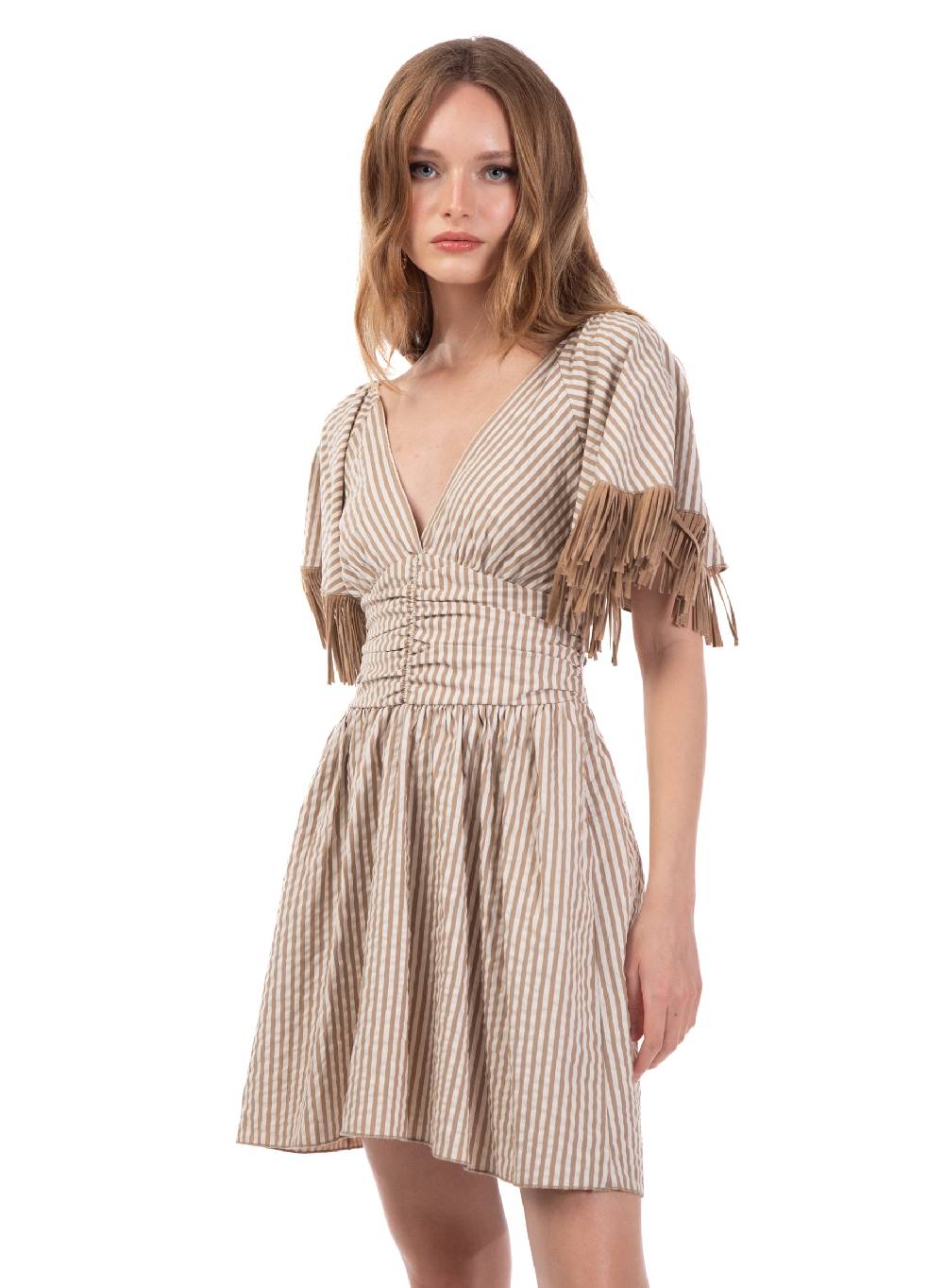 Le Volière Vestito bacchettato beige con frange Offerte