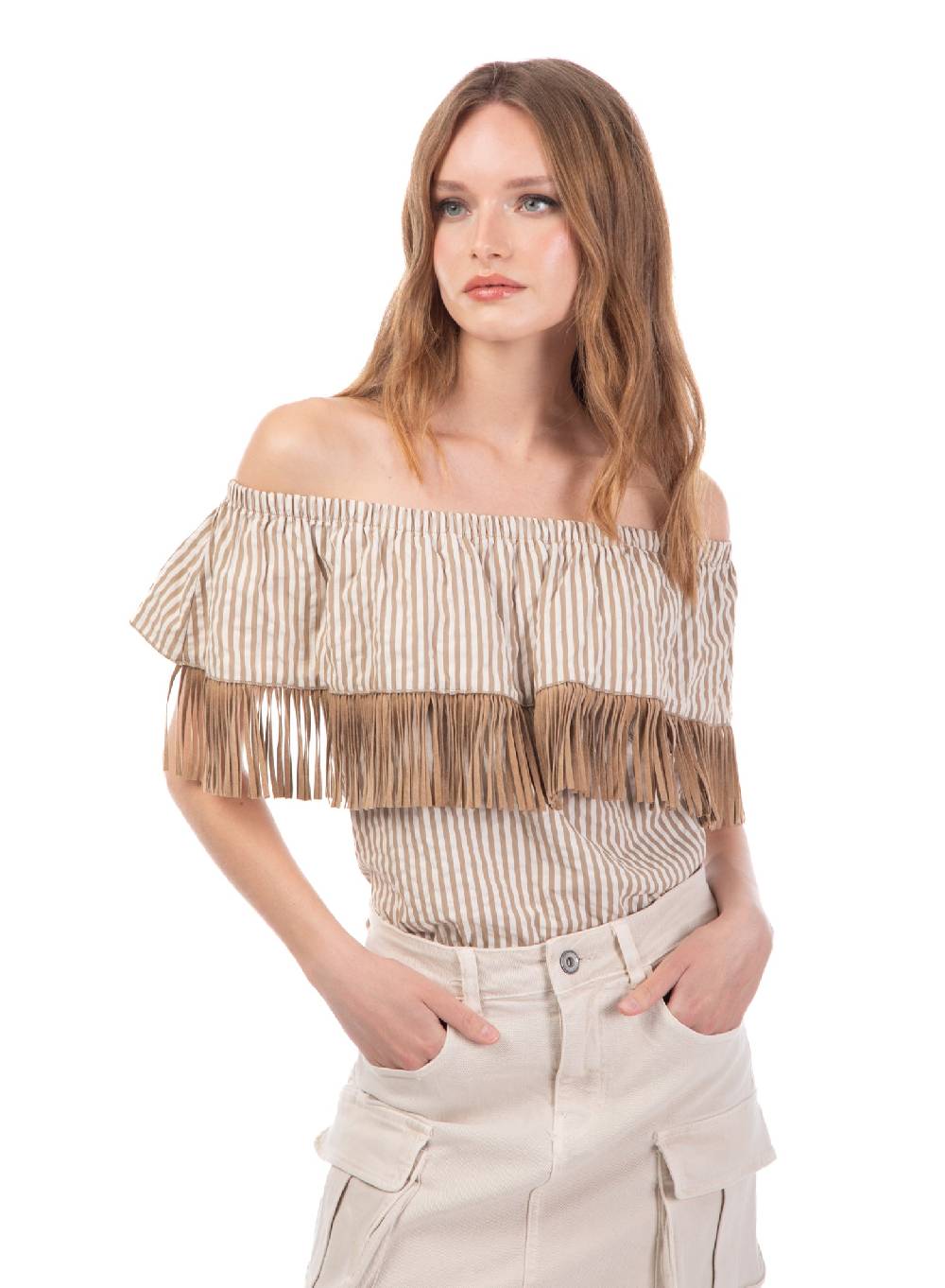 Le Volière Top bacchettato beige con frange Vendita Calda