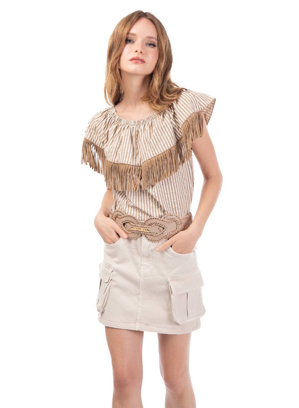 Le Volière Top bacchettato beige con frange Vendita Calda