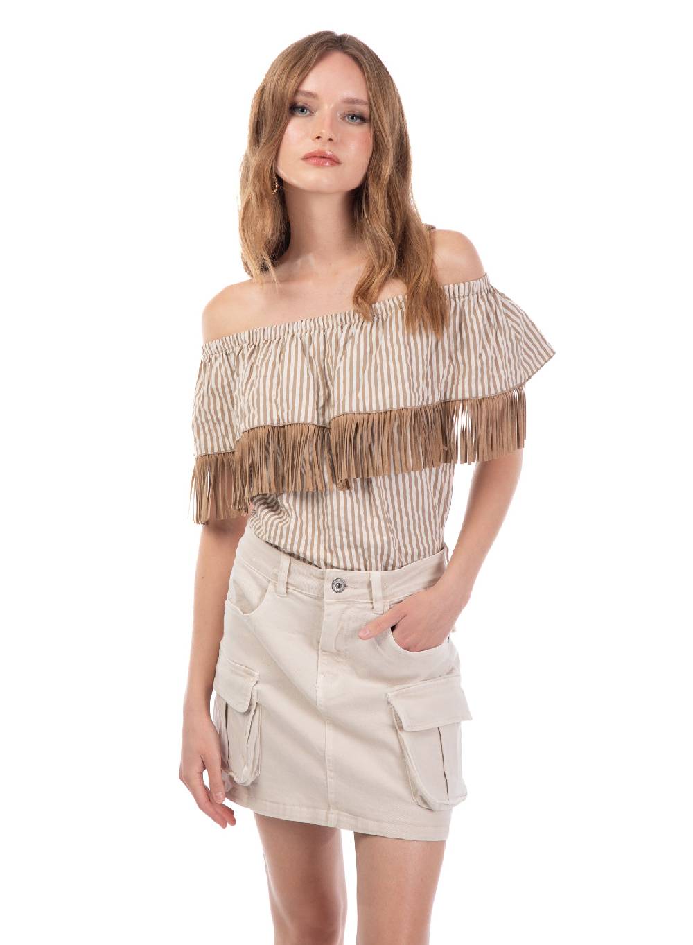 Le Volière Top bacchettato beige con frange Vendita Calda