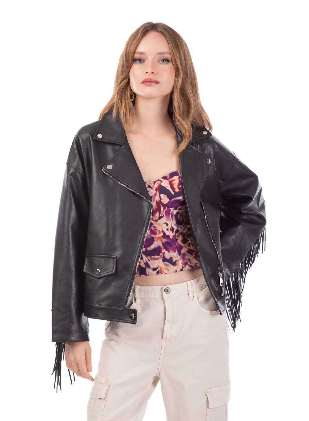 Le Volière Giacca oversize in ecopelle nera con frange Saldi Di Fabbrica