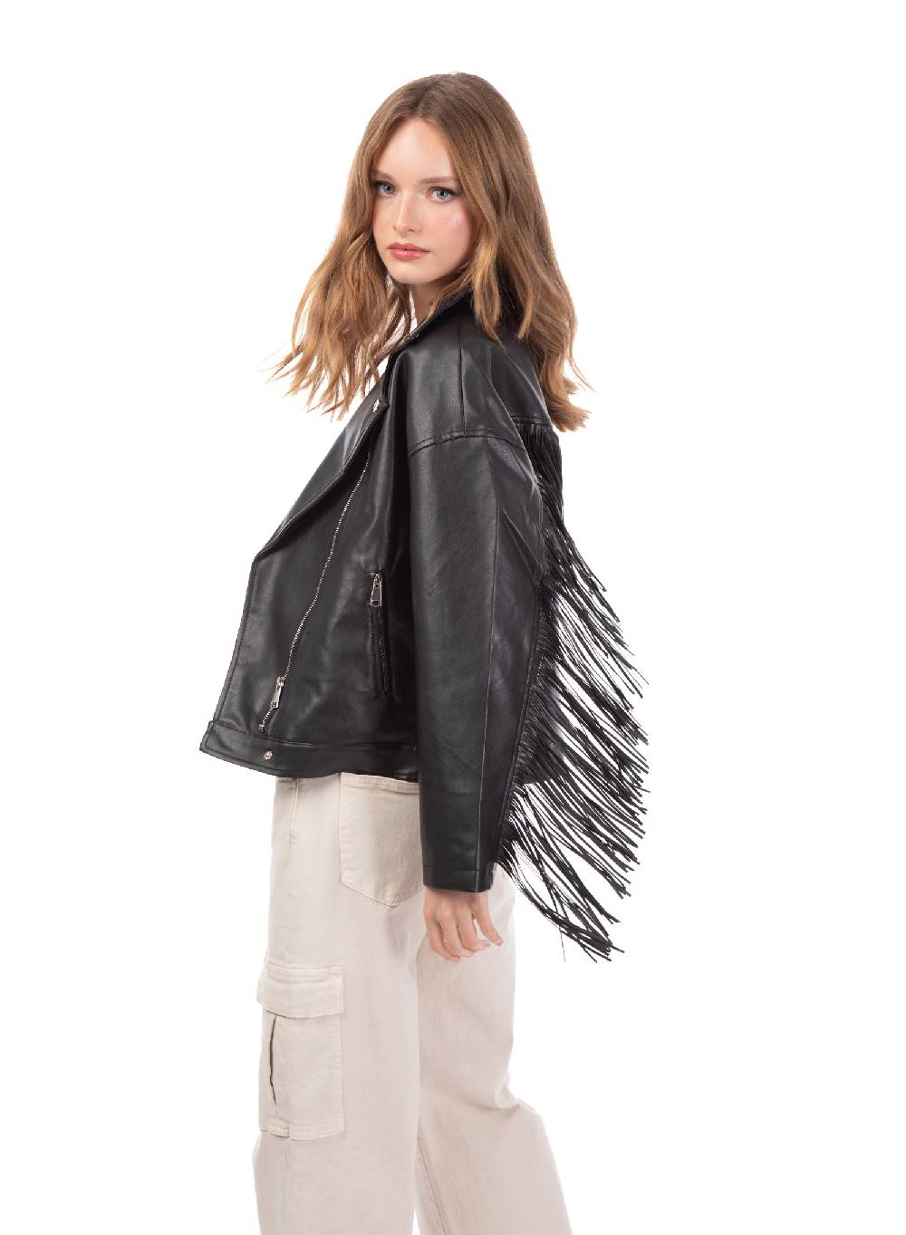 Le Volière Giacca oversize in ecopelle nera con frange Saldi Di Fabbrica