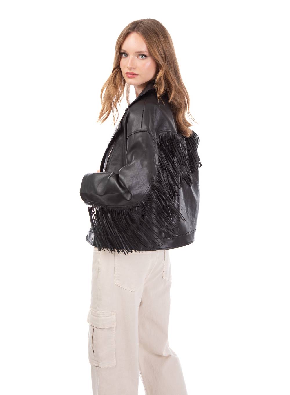 Le Volière Giacca oversize in ecopelle nera con frange Saldi Di Fabbrica