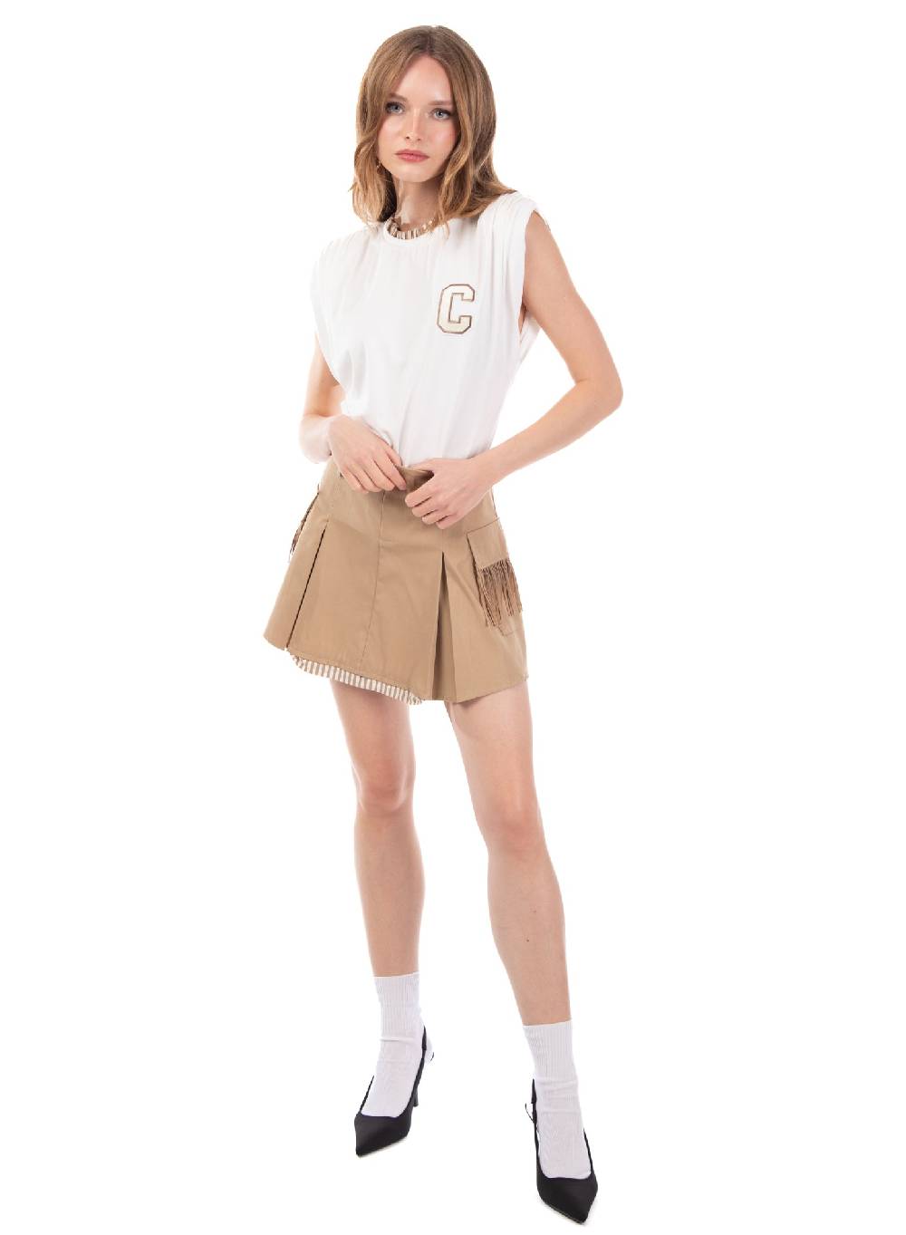 Le Volière T-shirt bianca con spalline arricciate I Più Venduti