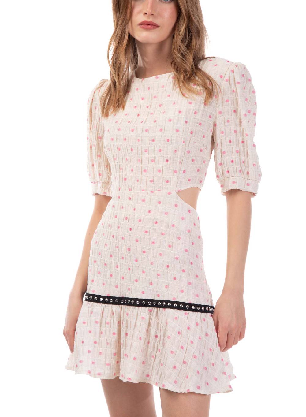 Le Volière Vestito crepon avorio con pois rosa Vendite Flash