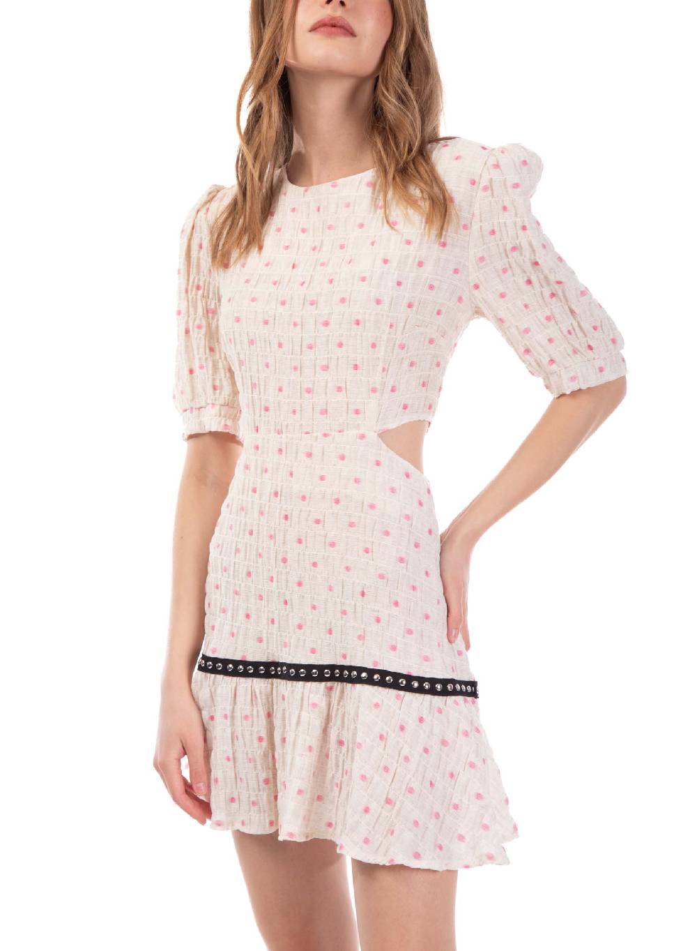 Le Volière Vestito crepon avorio con pois rosa Vendite Flash