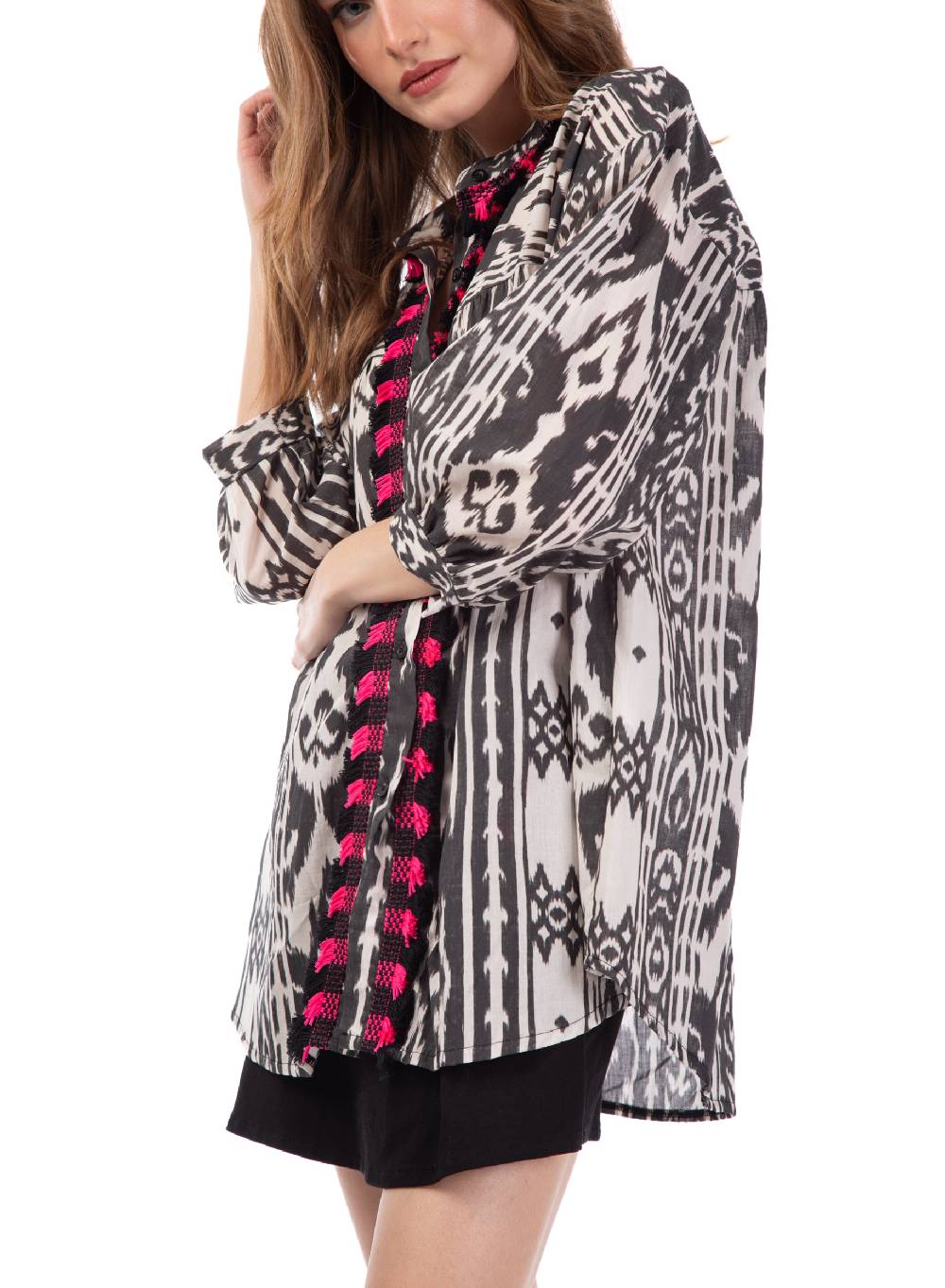 Le Volière Camicia oversize etnica con frange Italy