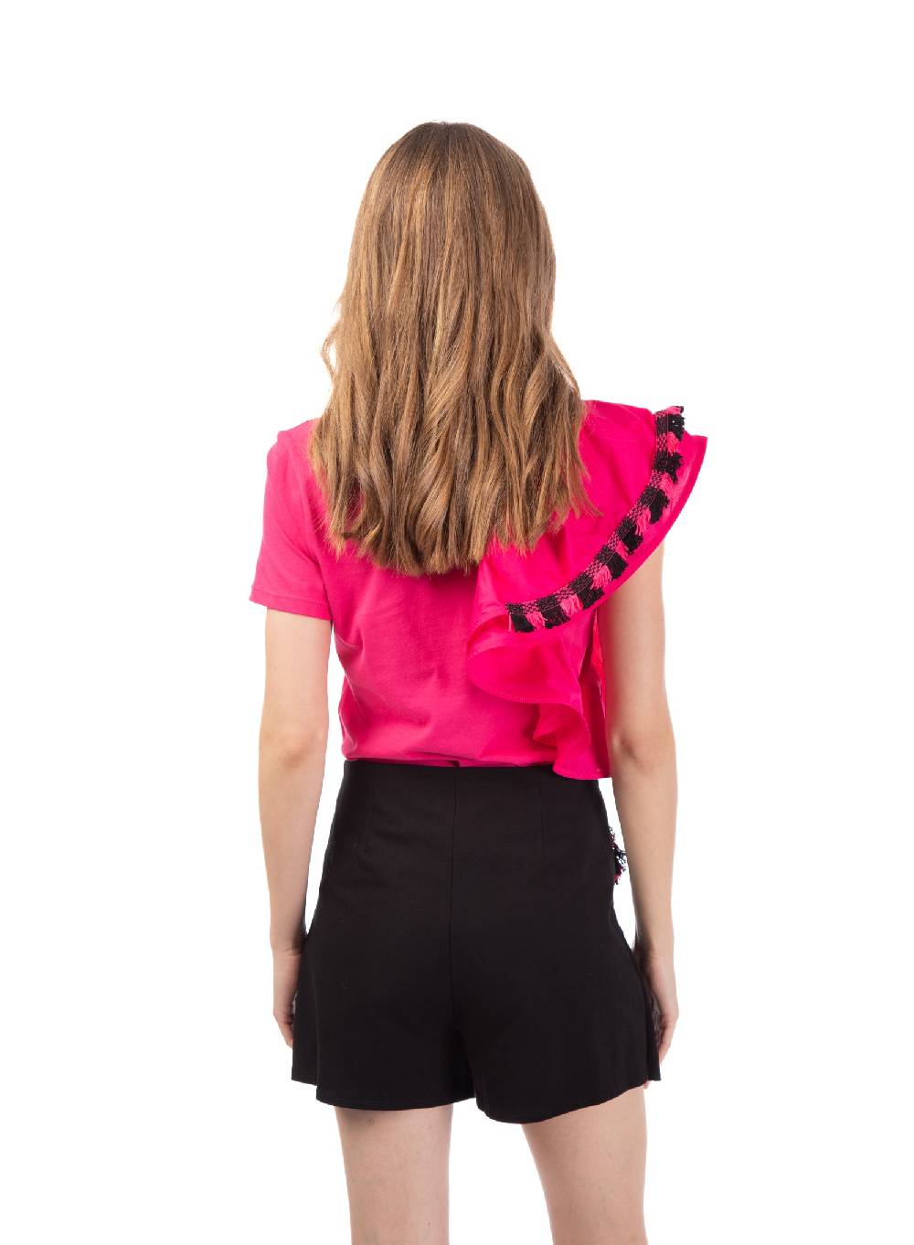 Le Volière T-shirt fucsia con volant e frange In Linea
