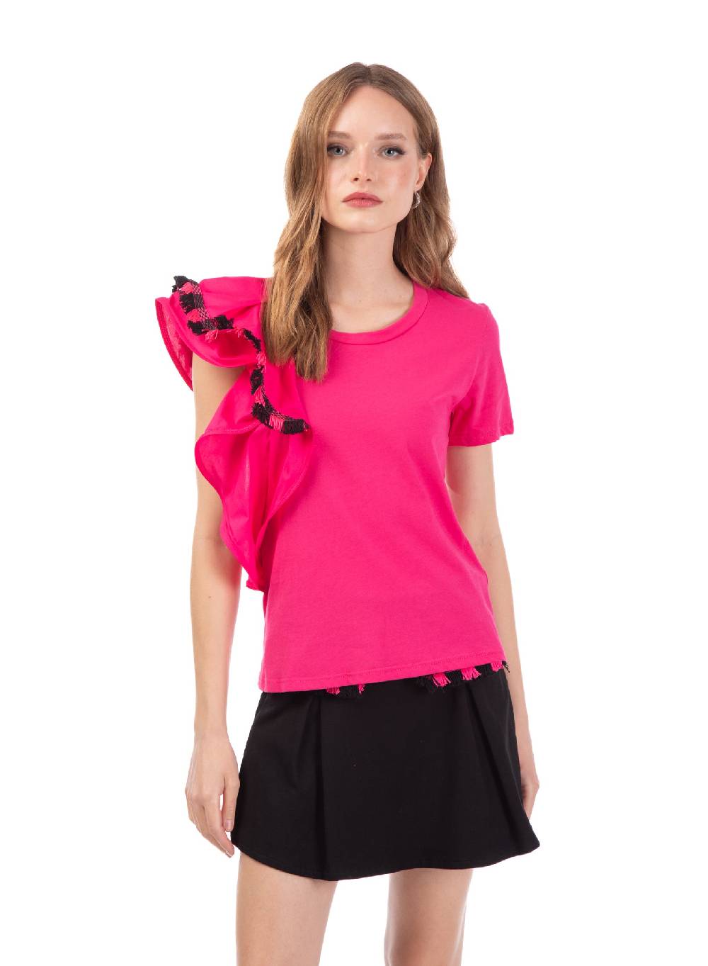 Le Volière T-shirt fucsia con volant e frange In Linea