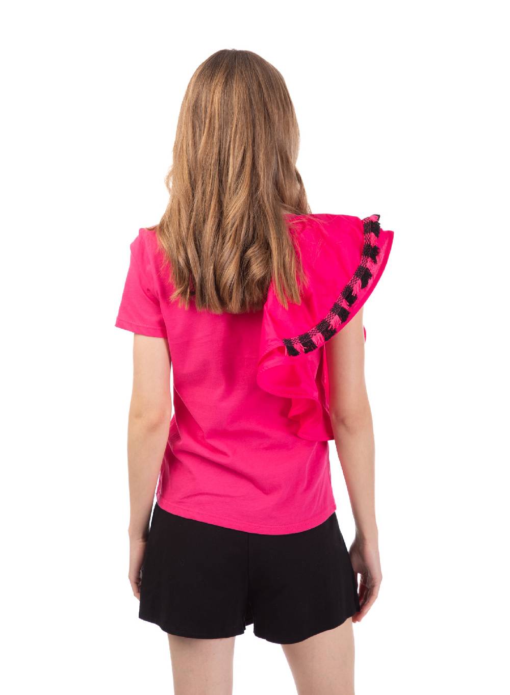 Le Volière T-shirt fucsia con volant e frange In Linea