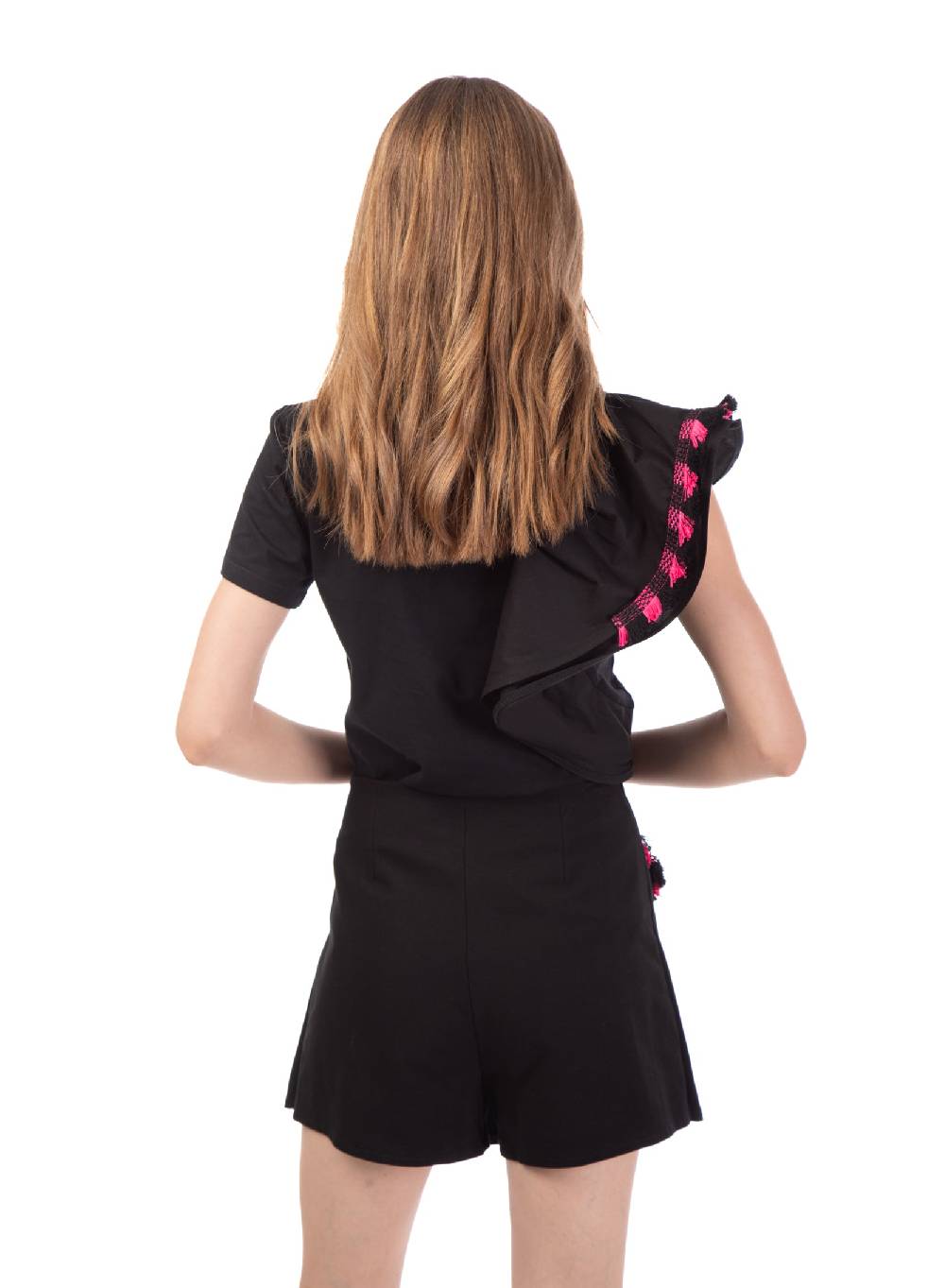Le Volière T-shirt nera con volant e frange Qualità