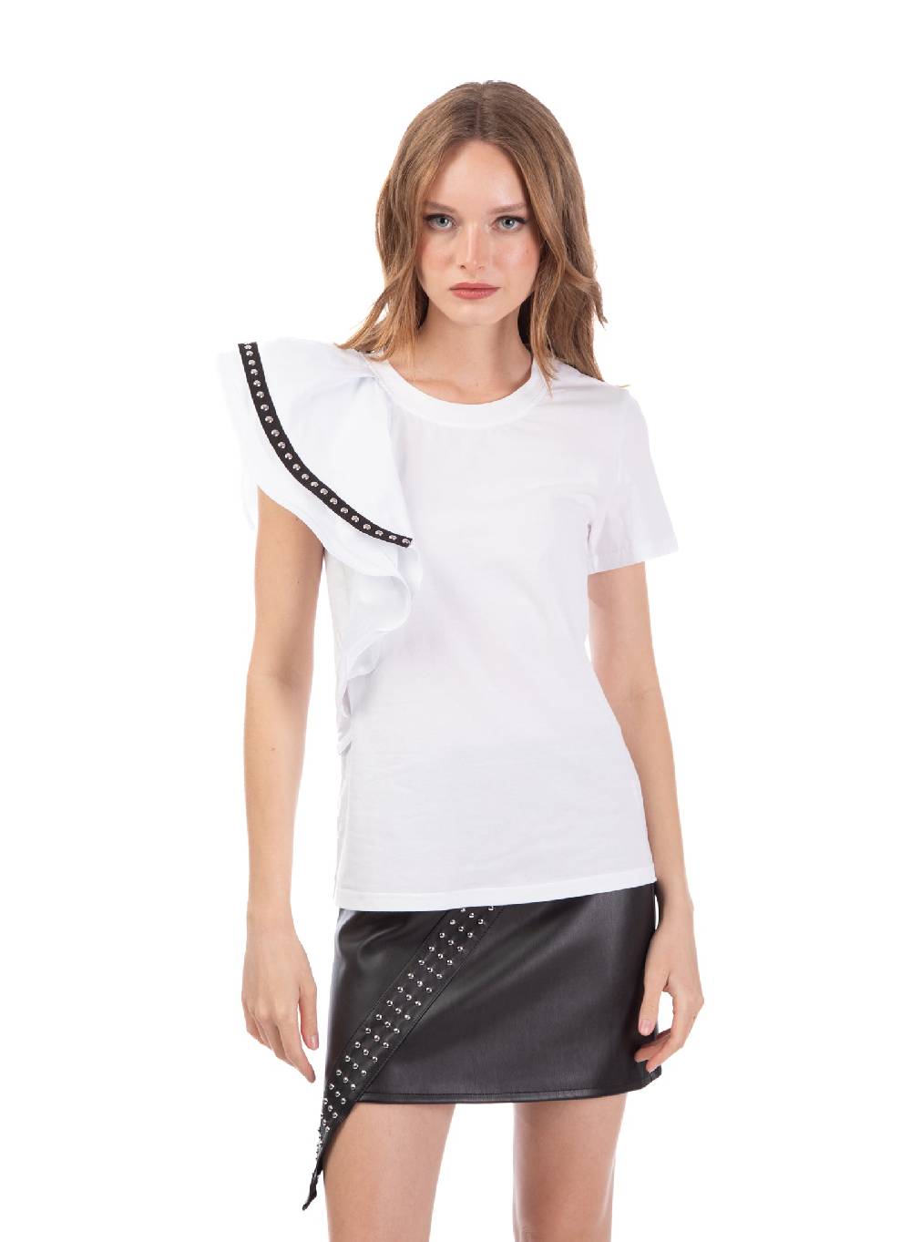 Le Volière T-shirt bianca con volant e borchie Pezzi Unici