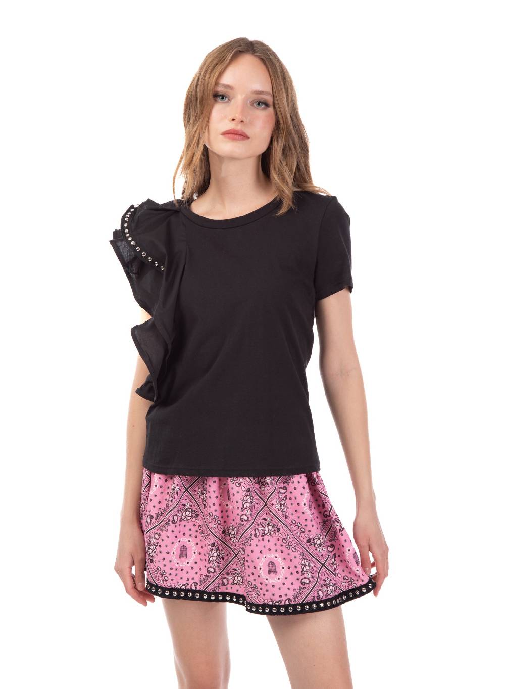 Le Volière T-shirt nera con volant e borchie Qualità Garantita