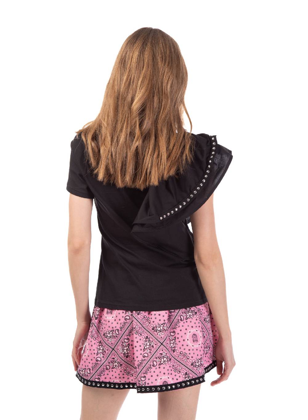 Le Volière T-shirt nera con volant e borchie Qualità Garantita