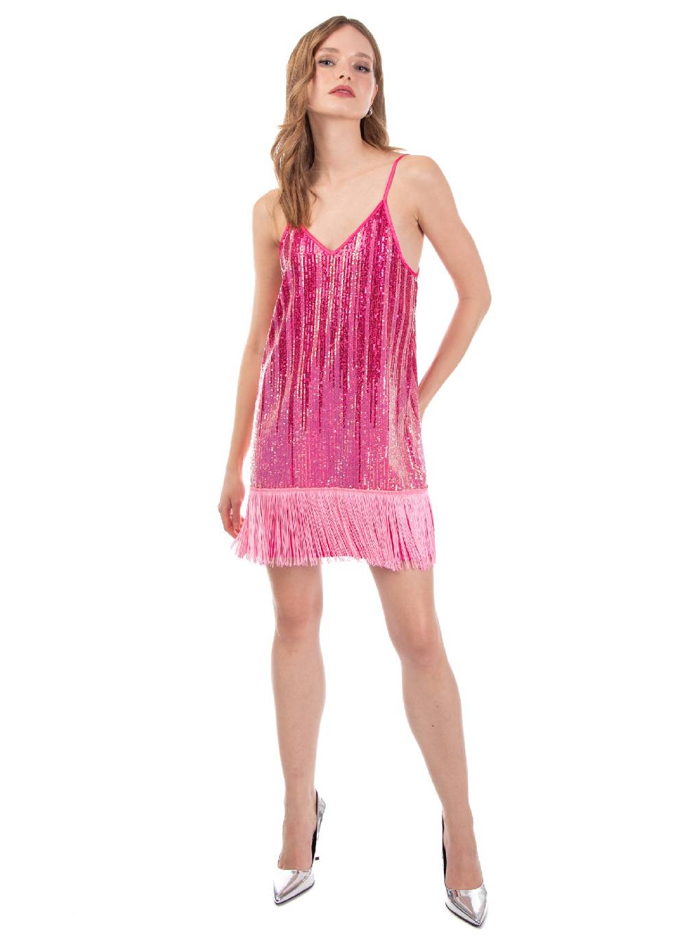 Le Volière Vestito di paillettes degradè con frange Sconto