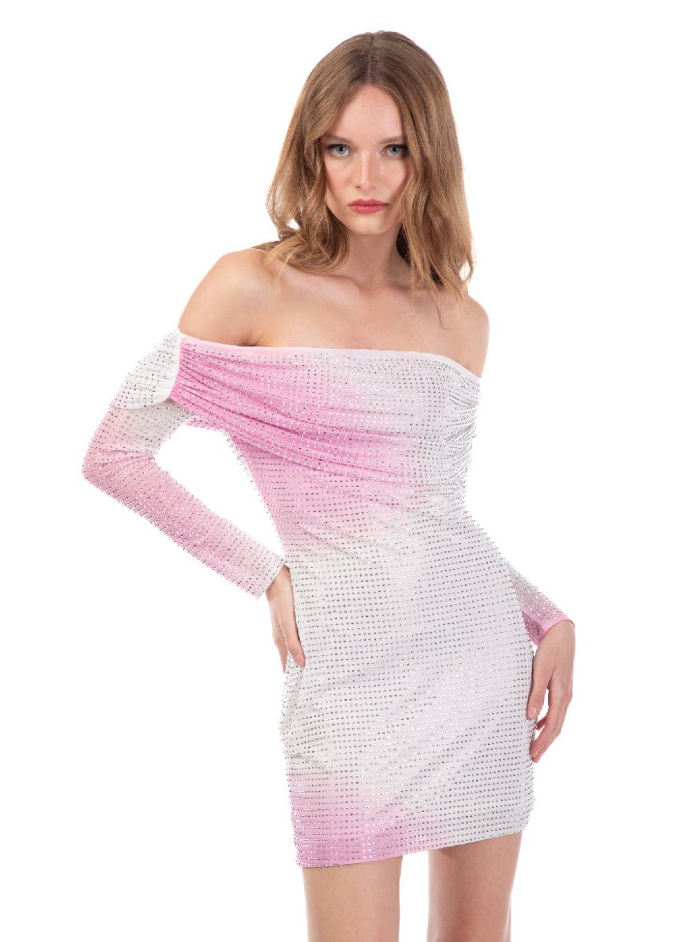 Le Volière Vestito bianco e rosa con strass argento In Vendita