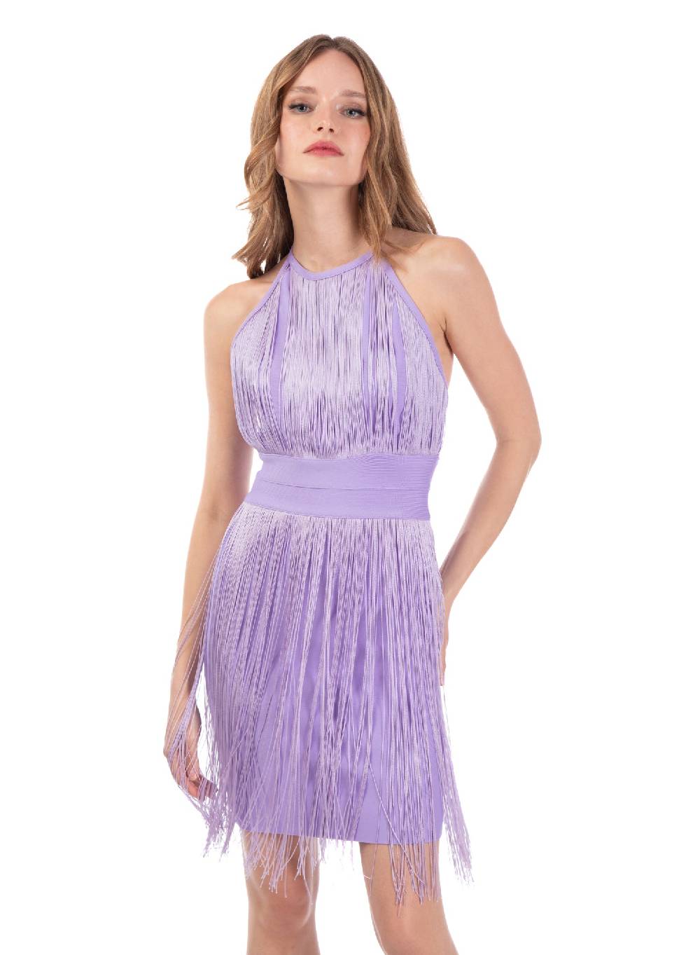 Le Volière Vestito di frange lilla con scollo all'americana Offerte