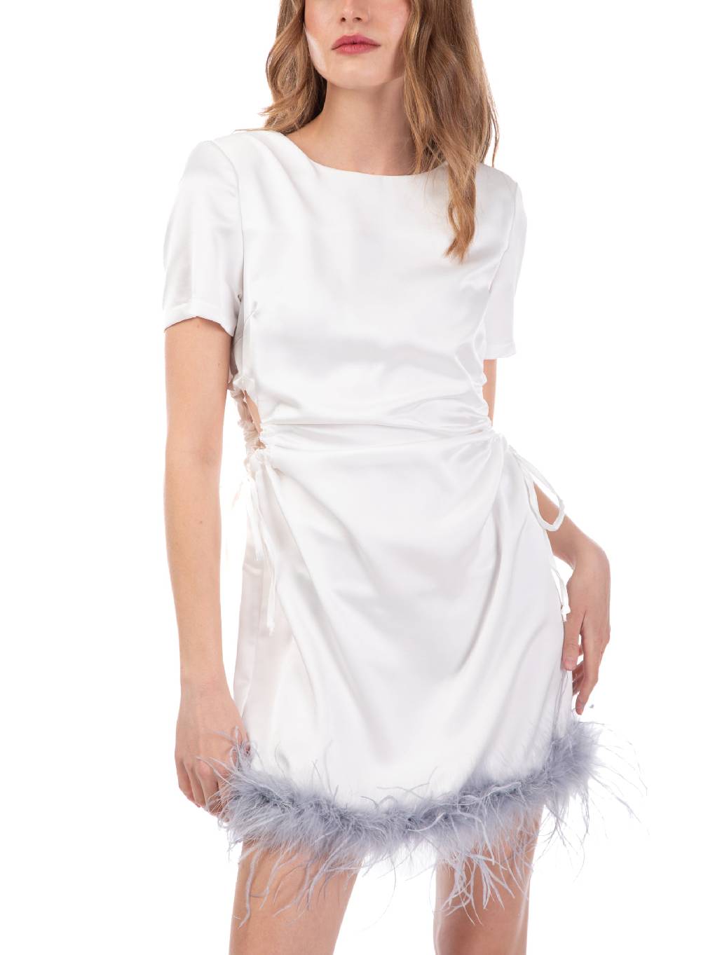 Le Volière Vestito scivolato bianco con fori e piume Vendita Economica