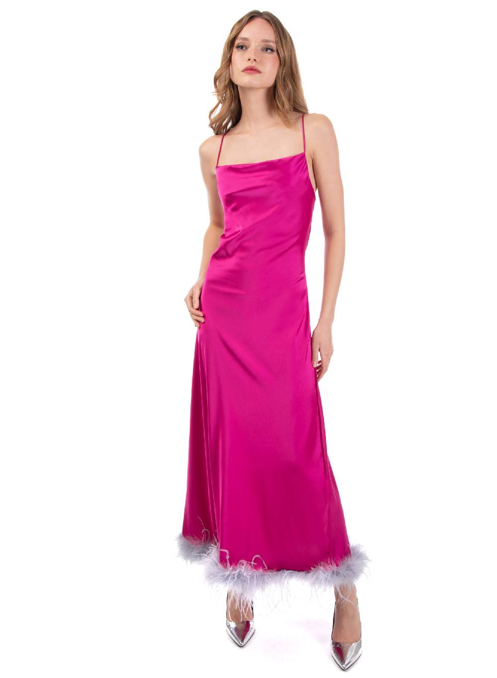 Le Volière Vestito slip dress lungo fucsia con piume Saldi Di Fabbrica