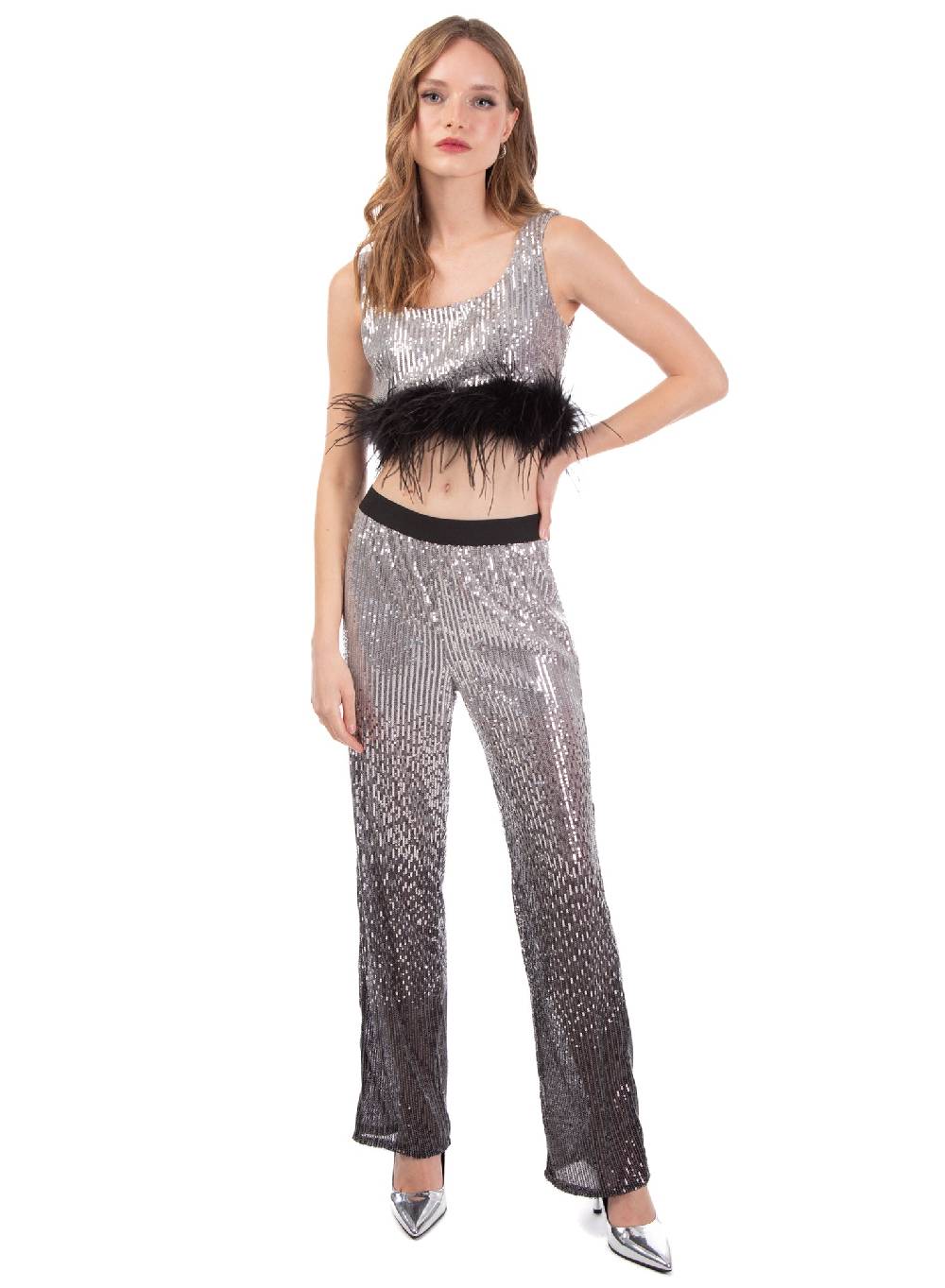Le Volière Pantalone di paillettes argento degradè Vendite Flash