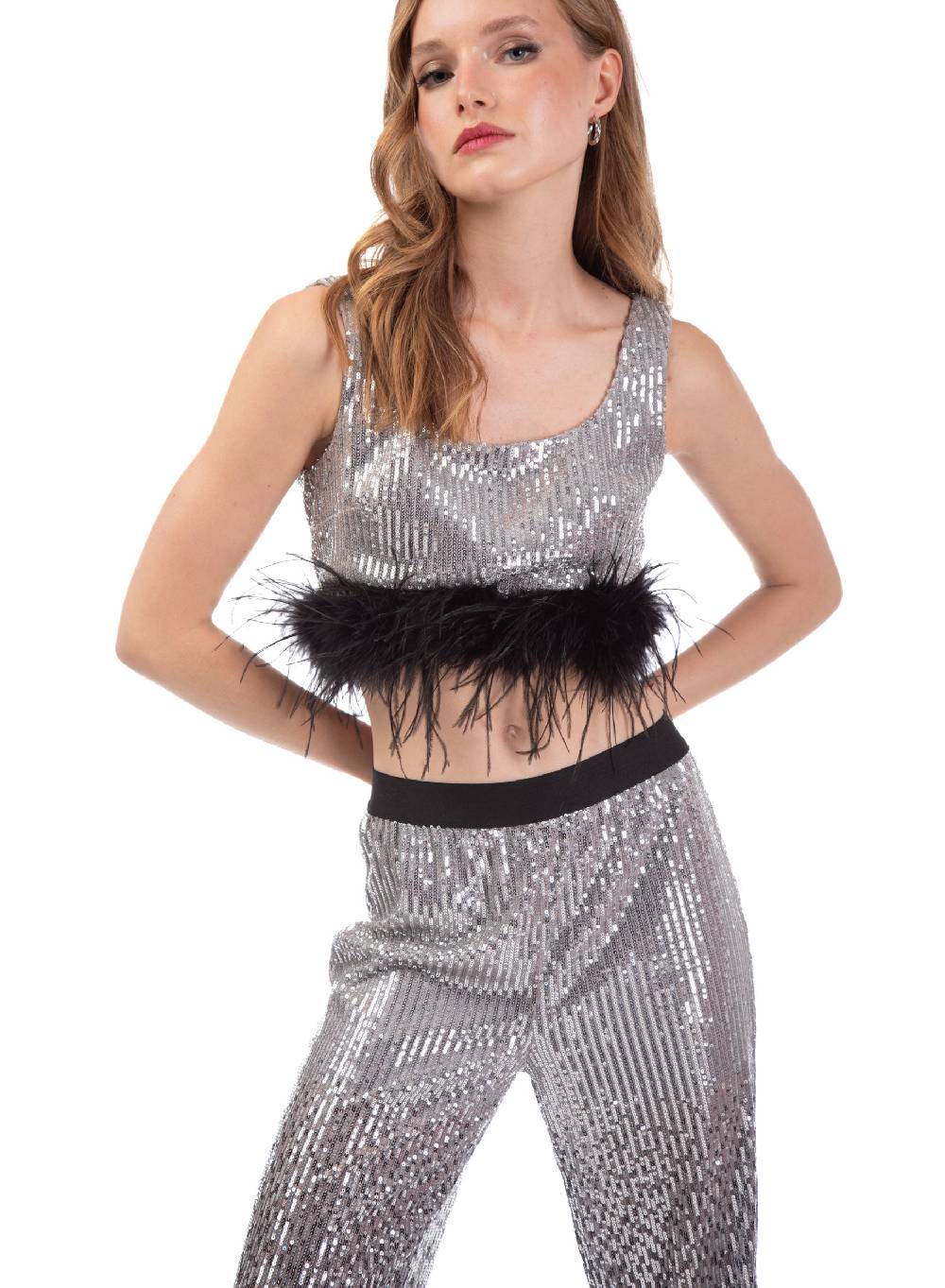 Le Volière Pantalone di paillettes argento degradè Vendite Flash