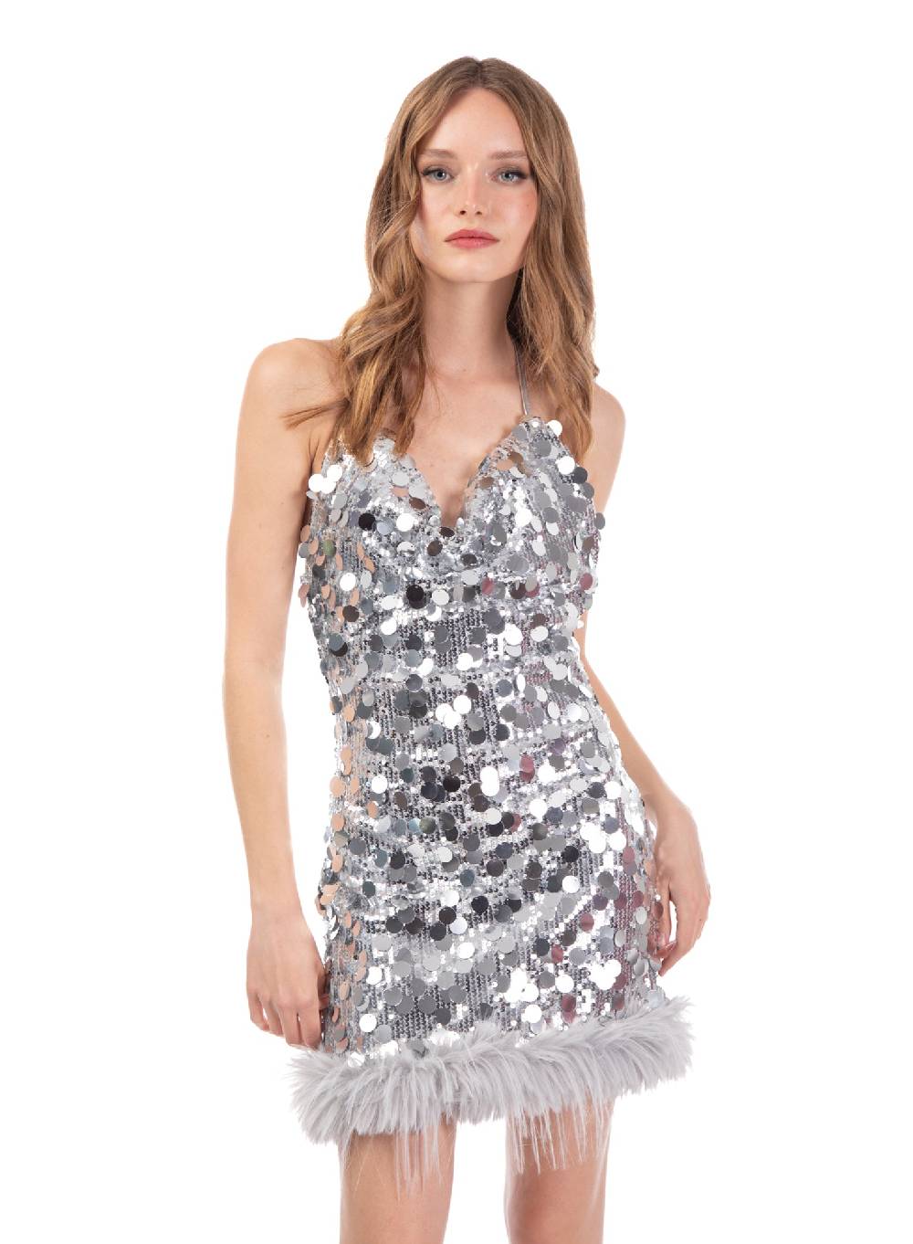 Le Volière Vestito di paillettes argento con piume Nuova