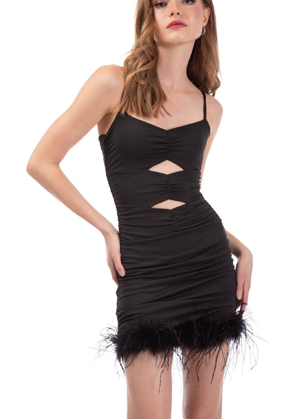 Le Volière Vestito elasticizzato nero con piume 2025