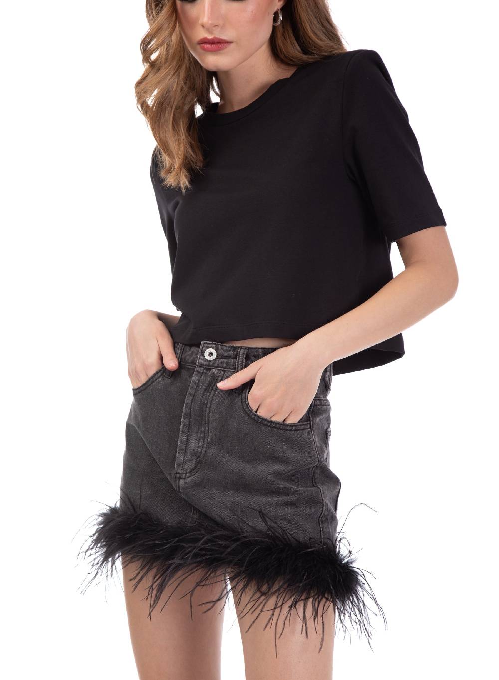 Le Volière gonna in denim grigia con piume Italy