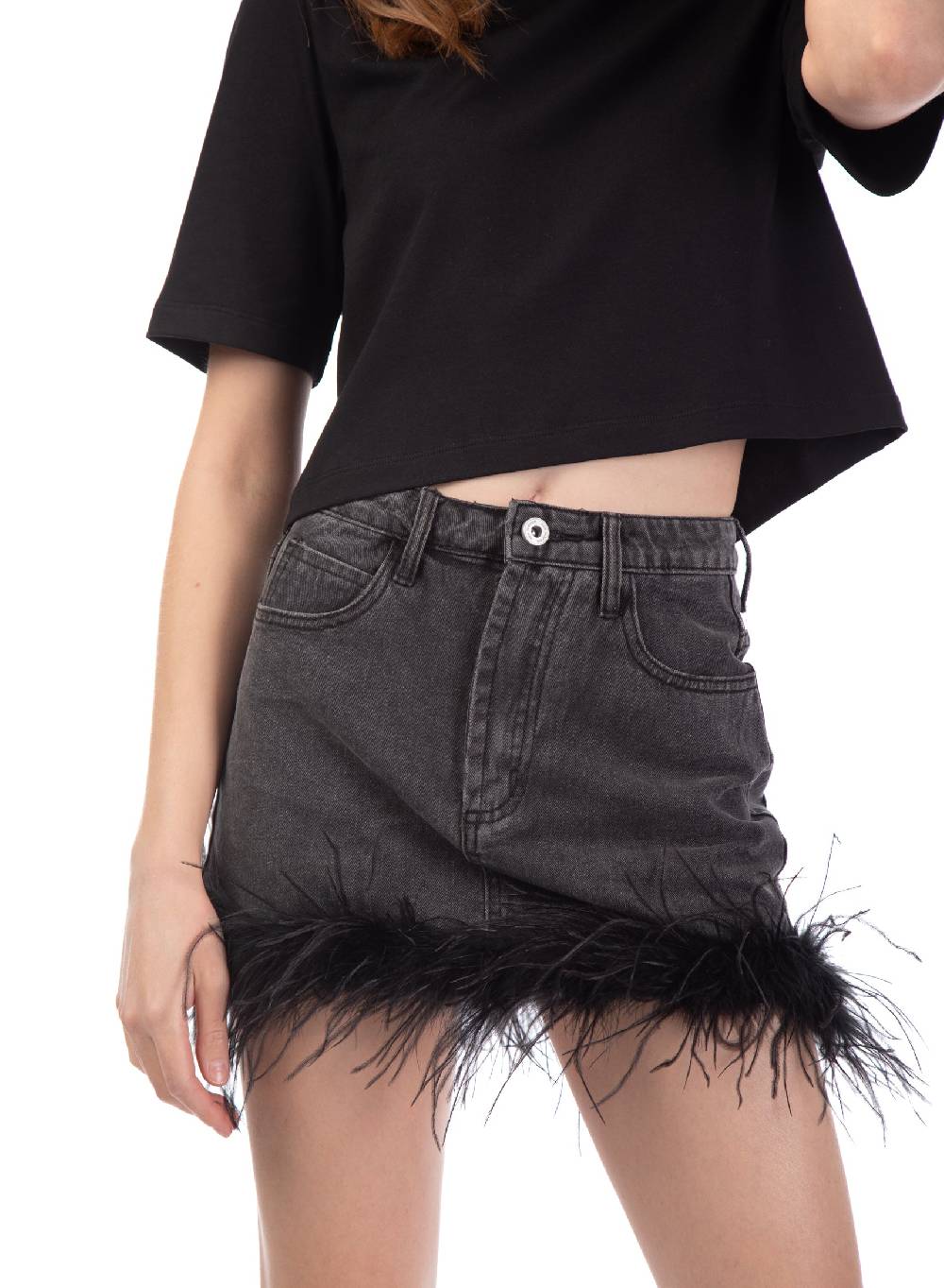 Le Volière gonna in denim grigia con piume Italy