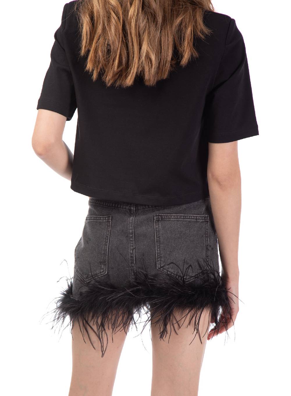Le Volière gonna in denim grigia con piume Italy