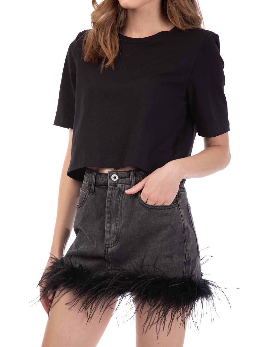 Le Volière gonna in denim grigia con piume Italy
