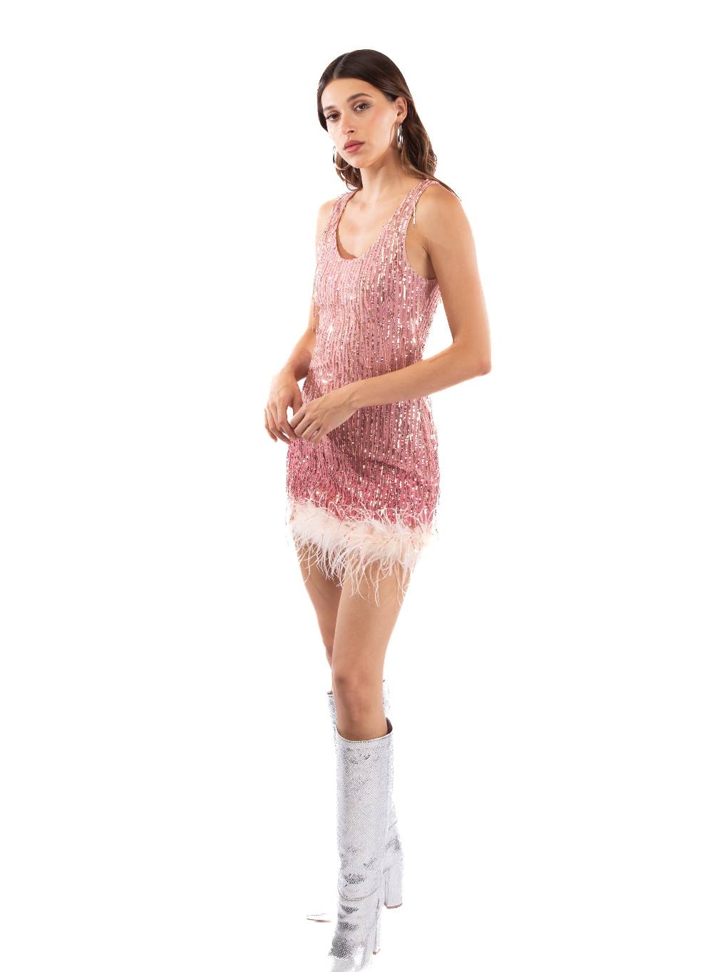 Le Volière DAISY Vestito rosa di paillettes con piume Qualità