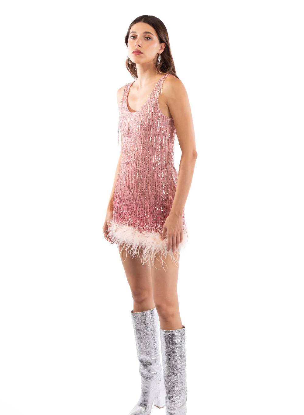 Le Volière DAISY Vestito rosa di paillettes con piume Qualità