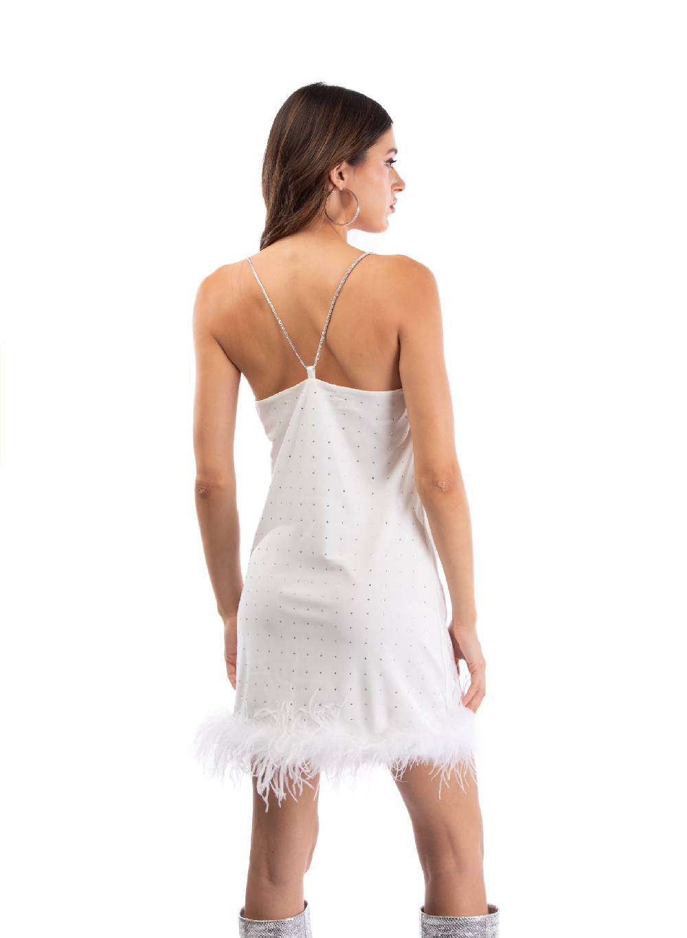 Le Volière LAUREN Vestito bianco con strass e piume bianche Vendita