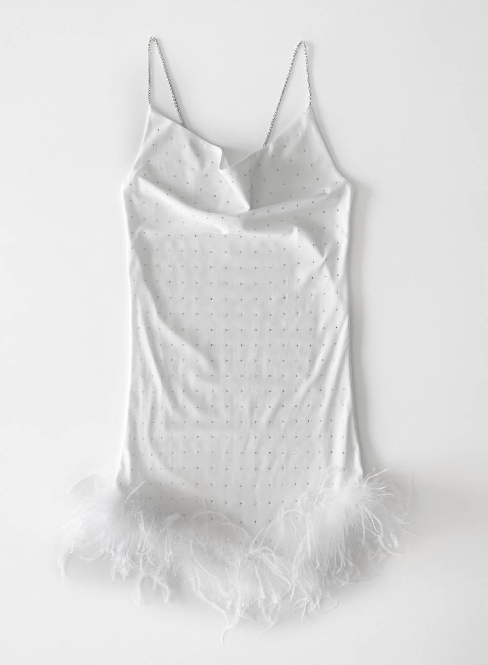 Le Volière LAUREN Vestito bianco con strass e piume bianche Vendita