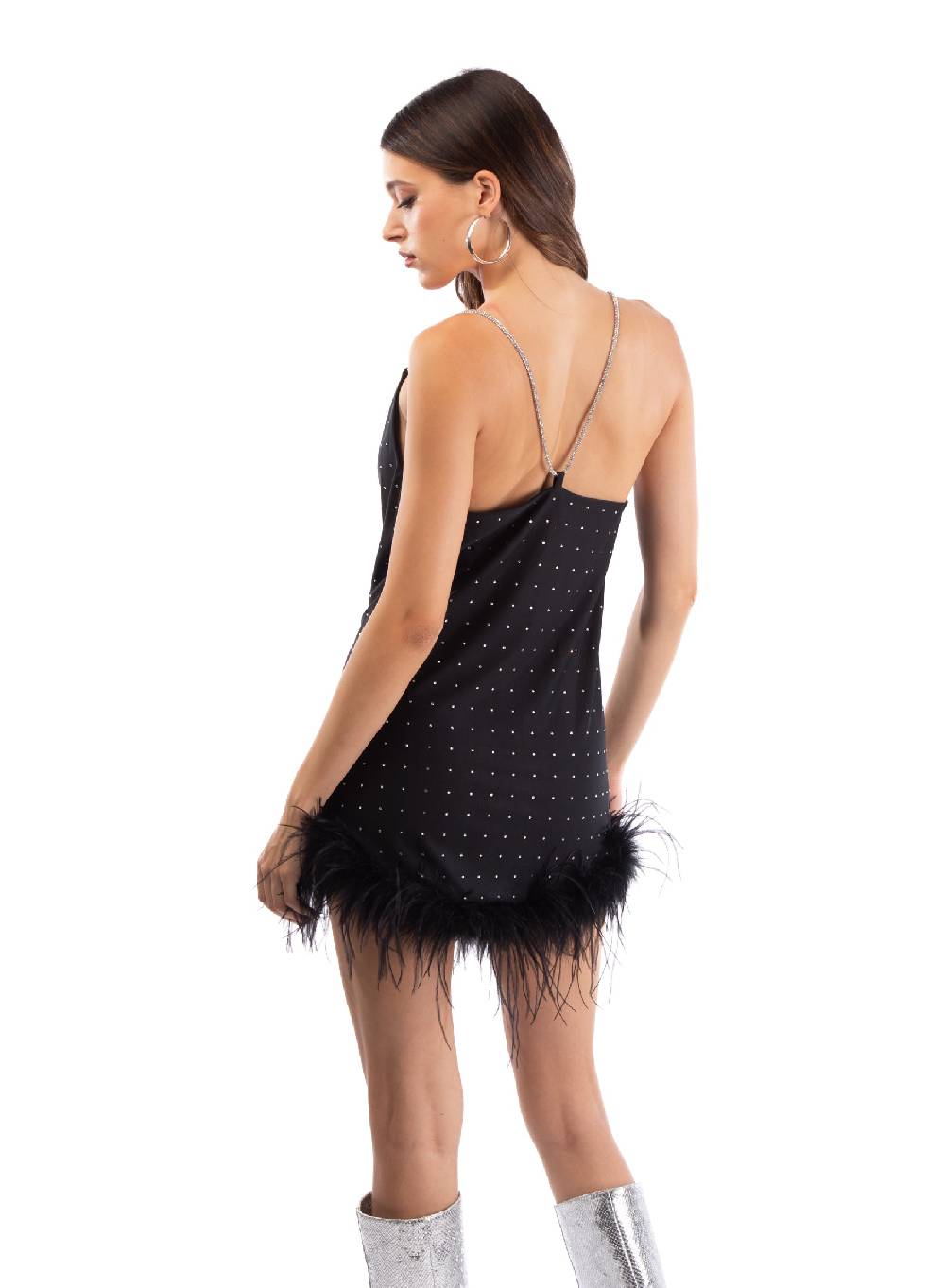 Le Volière LAUREN Vestito nero con strass e piume nere Spedizione Gratuita