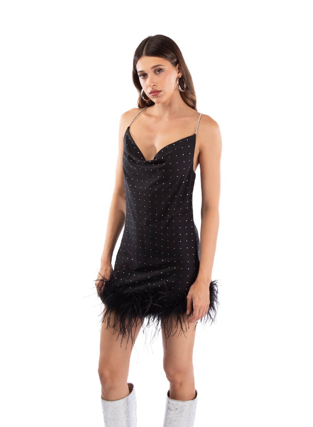 Le Volière LAUREN Vestito nero con strass e piume nere Spedizione Gratuita