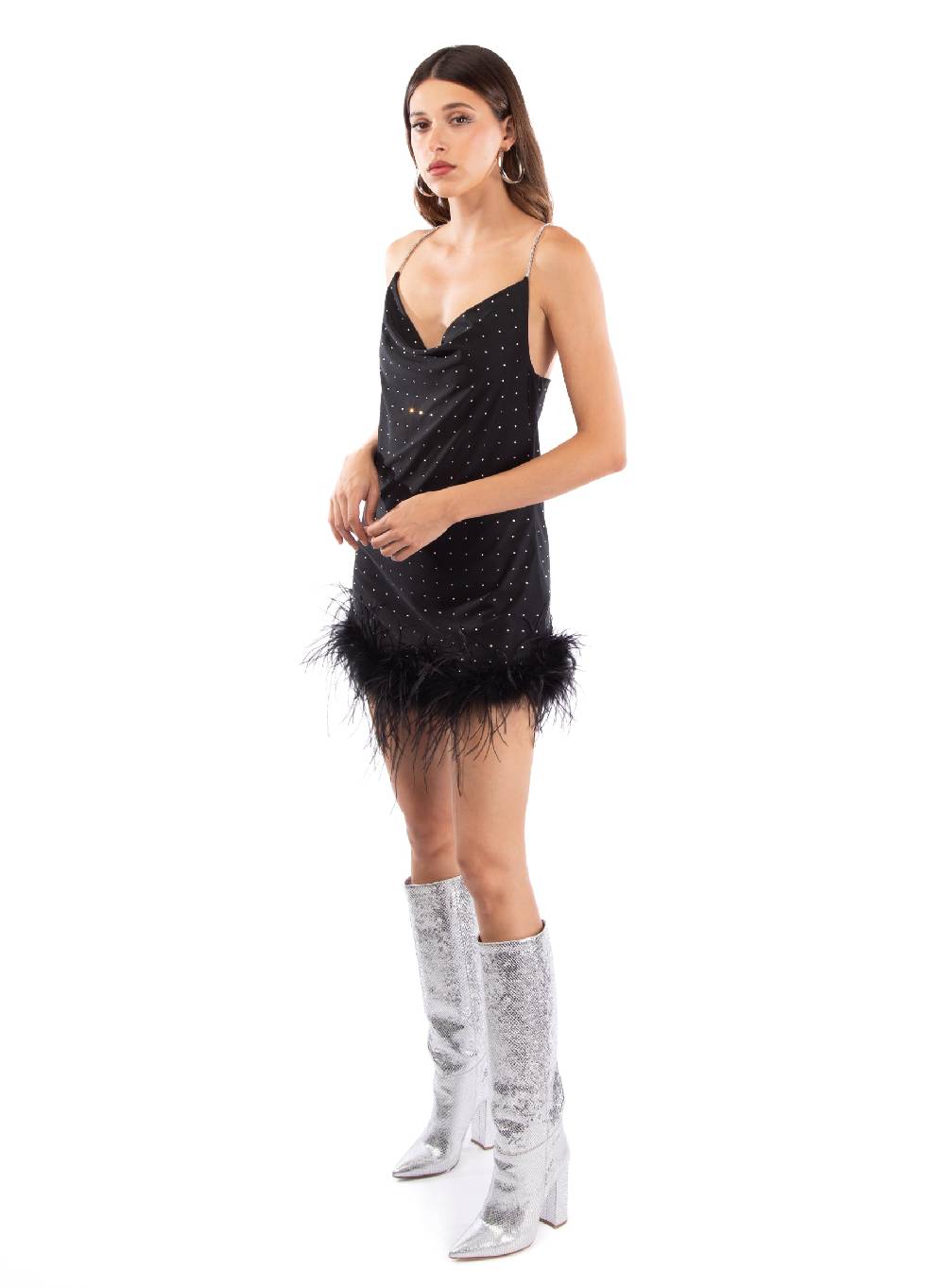 Le Volière LAUREN Vestito nero con strass e piume nere Spedizione Gratuita