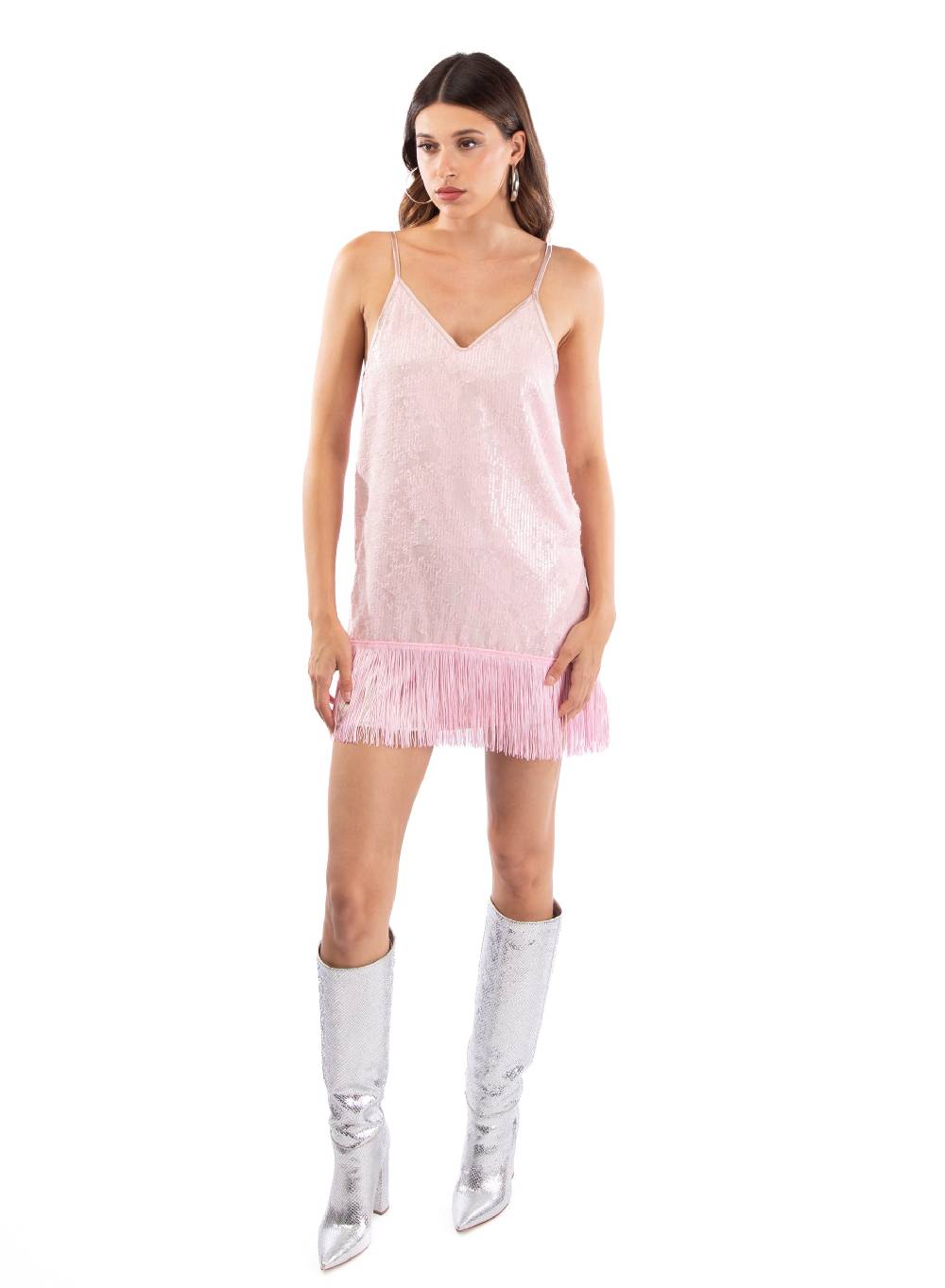 Le Volière MADISON Vestito rosa di paillettes con frange Pezzi Unici