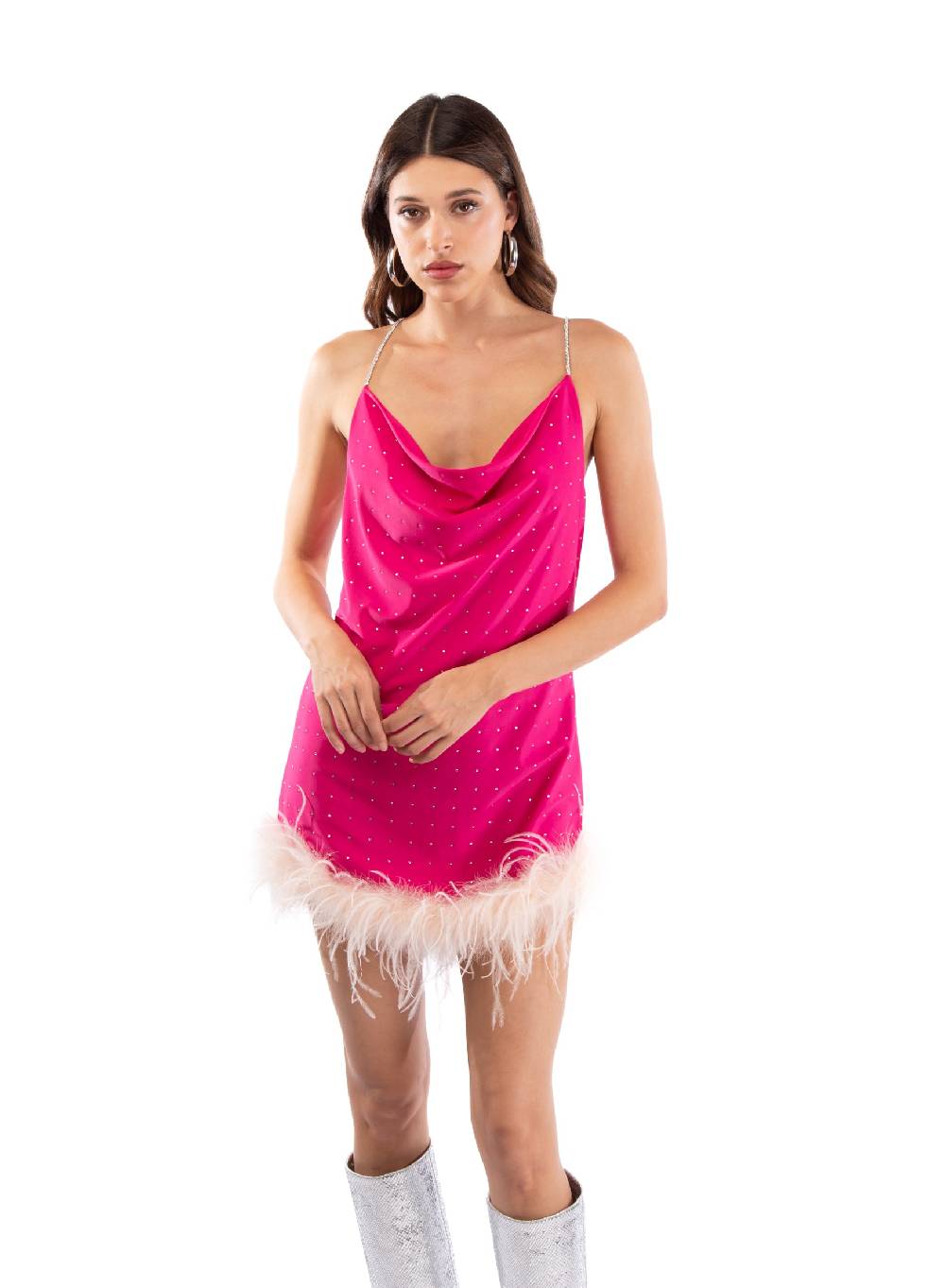 Le Volière LAUREN Vestito fucsia con strass e piume rosa Negozi Online