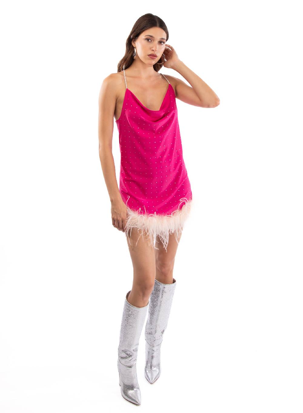 Le Volière LAUREN Vestito fucsia con strass e piume rosa Negozi Online