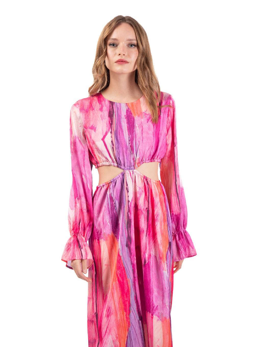 Le Volière Vestito lungo in fantasia fucsia con fori laterali Promozione Limitata