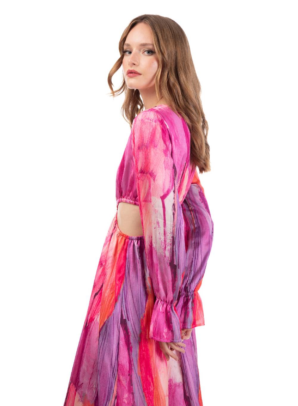 Le Volière Vestito lungo in fantasia fucsia con fori laterali Promozione Limitata