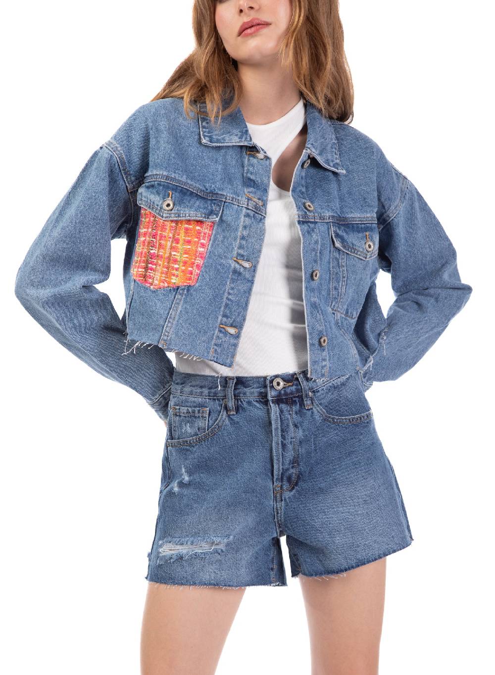 Le Volière Giacca in denim con dettaglio tasca in tweed Convenienza