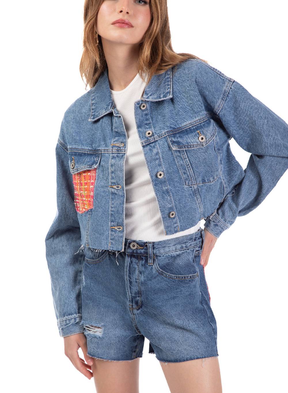 Le Volière Giacca in denim con dettaglio tasca in tweed Convenienza