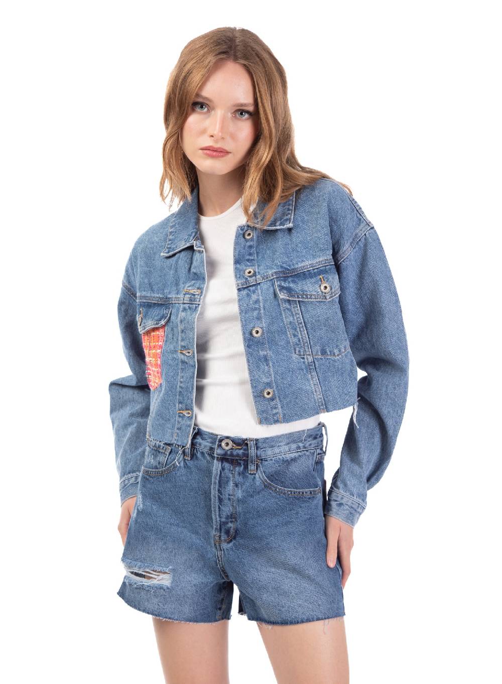 Le Volière Giacca in denim con dettaglio tasca in tweed Convenienza