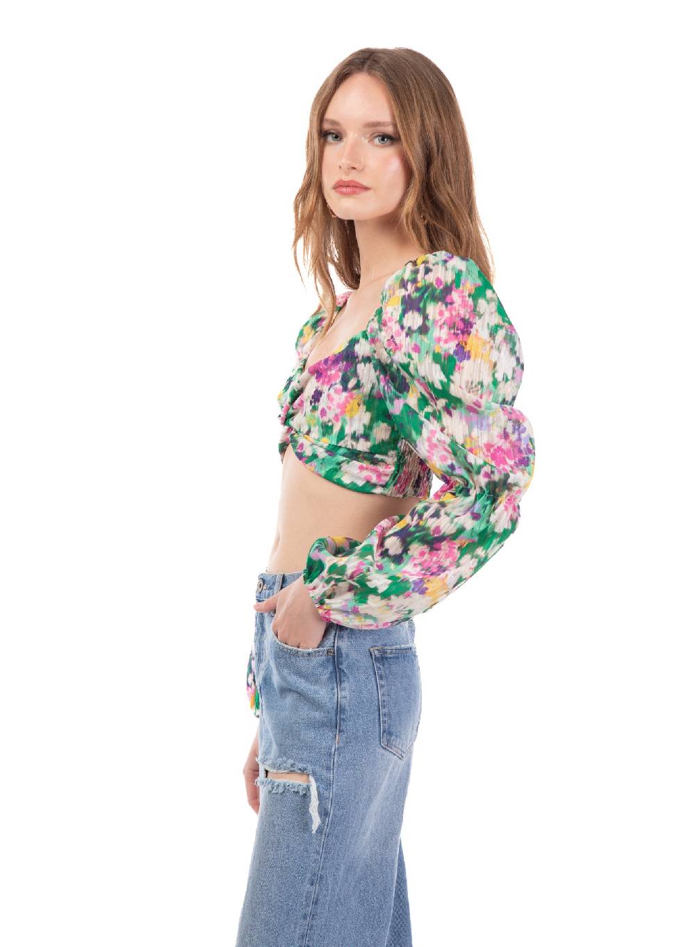 Le Volière Cropped top floreale manica lunga Economico